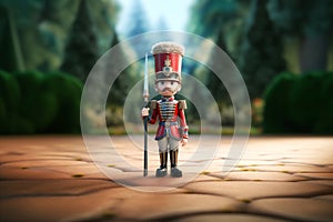 Cartoon 3D tin soldier standing on a garden path holding a lance