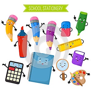 Cartoon 3d vector characters of school writing stationery