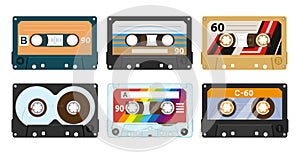 Cartoon 80s vintage tape record. Retro 90s stereo tapes, music audio cassette, analogue player tape flat vector symbols