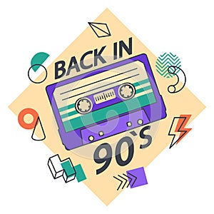 Cartoon 90s music audio and stereo tape sticker. Retro cassette tape, 80s pop culture song tape, disco party badge flat vector