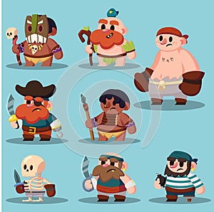 Cartoon aborigine, shaman pirate game sprite cute icon set
