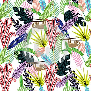 Cartoon abstract seamless pattern lazybones in the jungle white