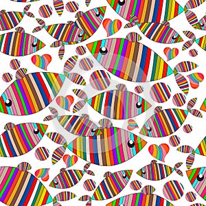 Cartoon abstract striped fishes vector seamless pattern. Colorful hand drawn fishes, love hearts, geometric shapes, circles,