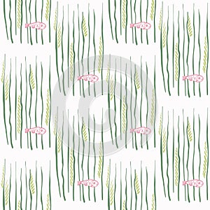 Cartoon abstract vector seamless pattern. Hand drawn fish in water plants. Doodle vector illustration.