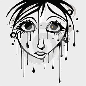 Cartoon Abstraction: Illustration Of A Girl With Tears In Gothic Black And White