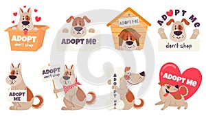 Cartoon adopt dog. Help homeless animals find home concept, sad dogs with text adopt me, dont buy, puppies adoption