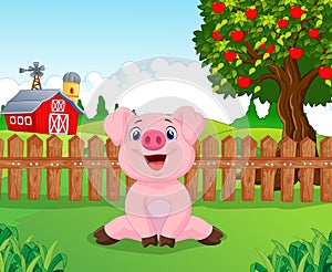 Cartoon adorable baby pig on the farm