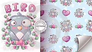 Cartoon adorable character animal bird dove - seamless pattern.