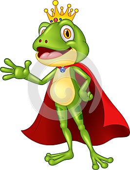 Cartoon adorable king frog waving hand