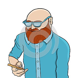 Cartoon adult Caucasian man with a beard, holding a smartphone in hand, vector illustration