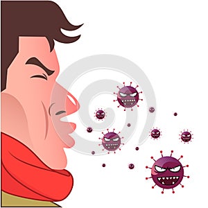 Cartoon of an adult cough sneeze expression and virus drawing