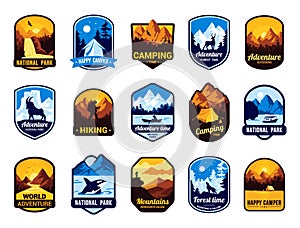 Cartoon adventure sticker. Summer camp vintage badge with forest and cabin at lake. Nature travel and exploration emblem