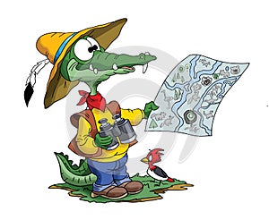 Cartoon adventurer alligator looking his map to find his route photo
