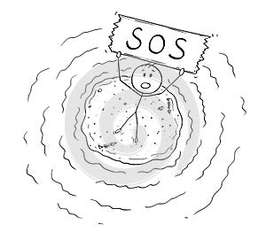 Cartoon of Aerial View of Castaway Man on Small Island Holding SOS Sign