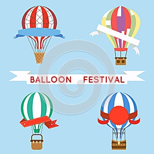 Cartoon aerostat air balloon festival sky flight travel basket retro airship icons set design vector illustration