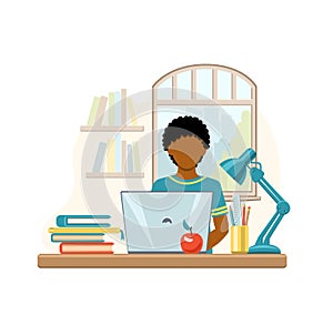 Cartoon african american boy studying at home with computer and books on window background. School boy writing for homework.
