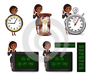 Cartoon African American business woman deadline set 2