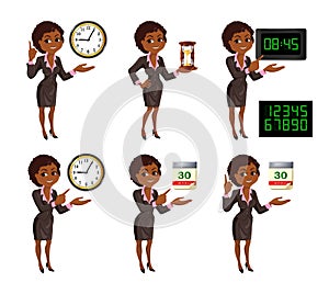 Cartoon African American business woman deadline set