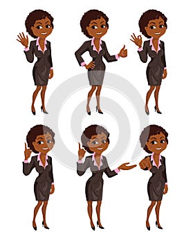 Cartoon African American business woman gestures set