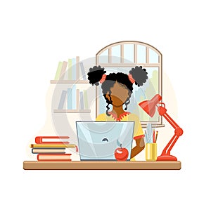 Cartoon african american girl studying at home with computer and books on window background. School girl writing for homework.