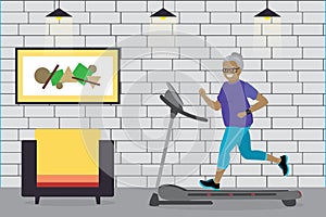 Cartoon african american grandmother running on a treadmill,