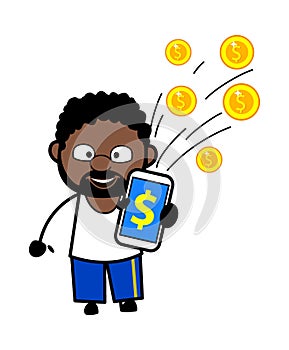 Cartoon African American Man showing Mobile Money