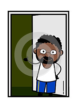 Cartoon African American Man Standing at door