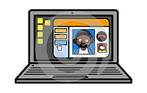 Cartoon African American Man Video Call on Laptop