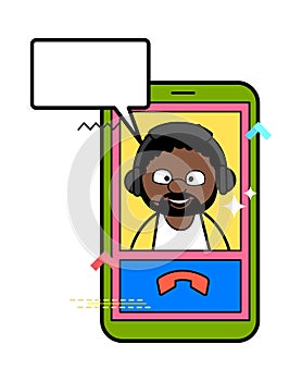 Cartoon African American Man Video Calling on Mobile