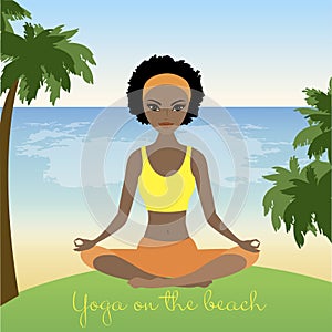 Cartoon african american woman meditating in lotus pose