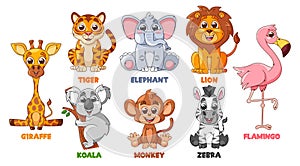 Cartoon African Animals Characters Vector Set. Giraffe, Tiger, Lion And Elephant, Koala, Monkey, Zebra Or Flamingo