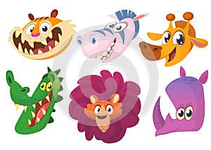 Cartoon African animals. Wild animals vector icons set. Crocodile and tiger and rhino and giraffe, lion, zebra