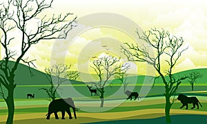 Cartoon African Savannah Card Poster Landscape Background Tourism and Travel Elements Nature Scene Concept Flat Design.