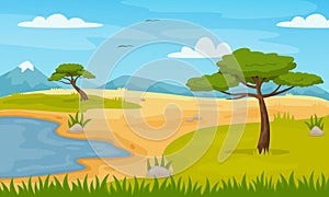 .Cartoon african savannah landscape with trees and mountains. Panoramic safari fields scene, zoo or park savanna nature vector