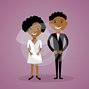 Cartoon afro-american bride and groom. Cute black wedding couple in flat style. Can be used for invitation, save the date thank
