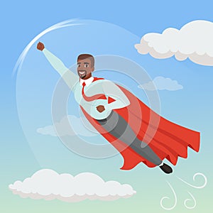 Cartoon afro-american man with superhero cloak flying in blue sky. Professional growth and promotion. Successful