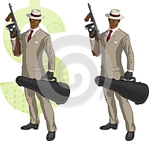 Cartoon afroamerican mafioso with Tommy-gun