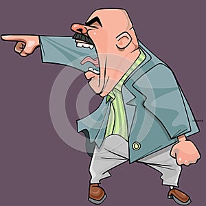 Cartoon of an aggressive bald man in a suit yells menacingly