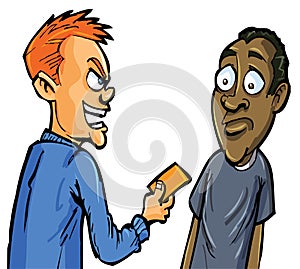 Cartoon aggressive man giving card