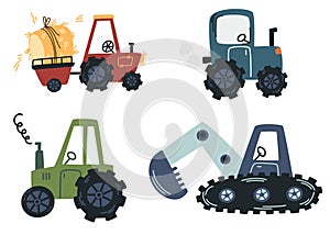 Cartoon Agricultural machinery. Farm tractor set. Vehicle for field agricultural work.