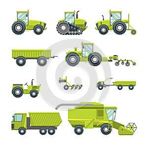 Cartoon Agricultural Vehicles Icon Set Different Type. Vector