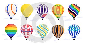 Cartoon air balloons. Hot airship with baskets and domes in sky. Summer journey and travel symbol. Flight of colorful