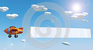 Cartoon airplane flying with empty advertising banner under blue sky