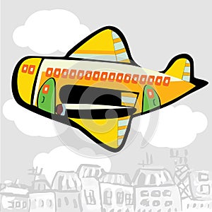 Cartoon airplane flying over the city