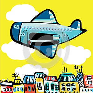 Cartoon airplane flying over the city