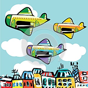 Cartoon airplane flying over the city