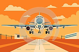 Cartoon airplane over runway. Passenger commercial plane take off from airport, flight aircraft landing view, flat