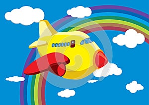 Cartoon Airplane in the Rainbow Sky - Vector