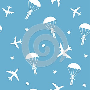 Cartoon Airplane seamless pattern, vector background with parachutists