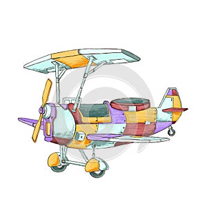 Cartoon airplane in watercolour. Children`s bright illustration of airplane.